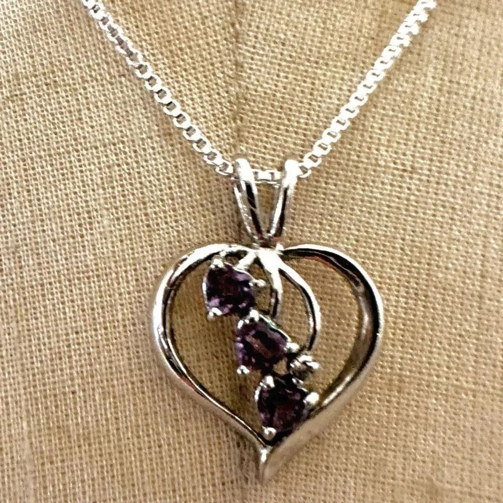 Amethyst Heart Sterling Silver  Heart Pendant Necklace
